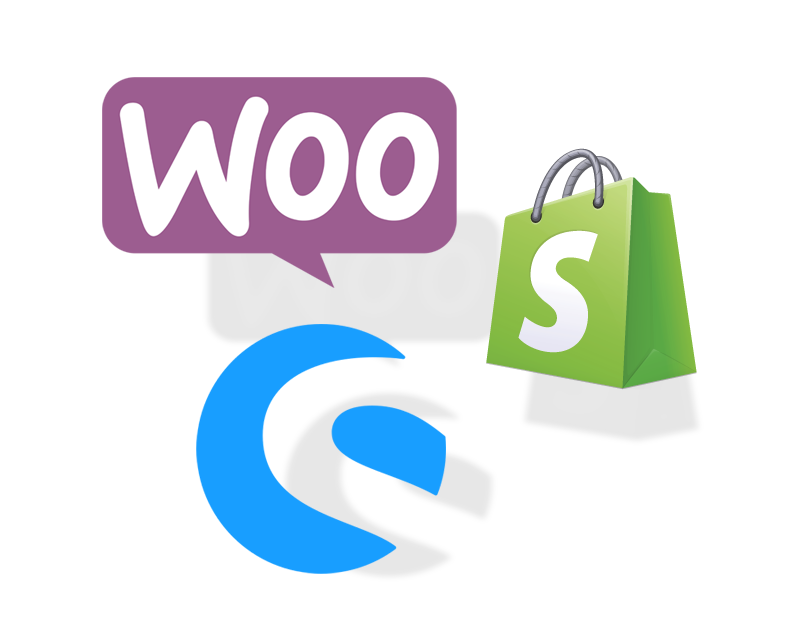 webshops von shopify shopware und woocommerce logos.
